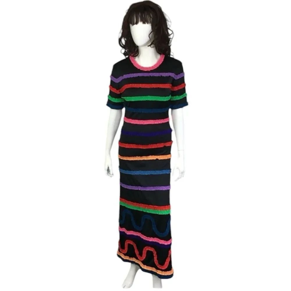 Almost Vintage Black Multicolor Stripe Wavy Short Sleeve Maxi Dress Size S